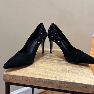 Antonio Melani black suede heels with colored rhinestones.